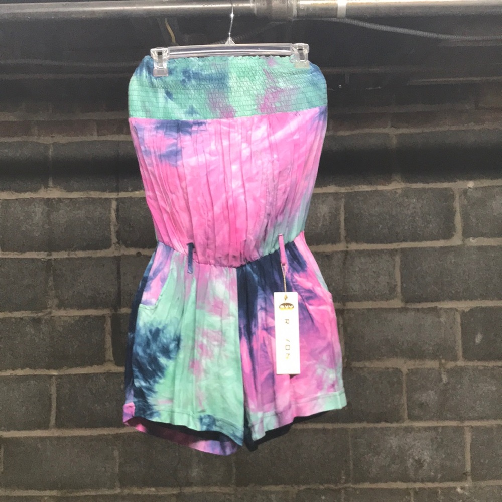 Tie Dye Turquoise Romper With Pockets